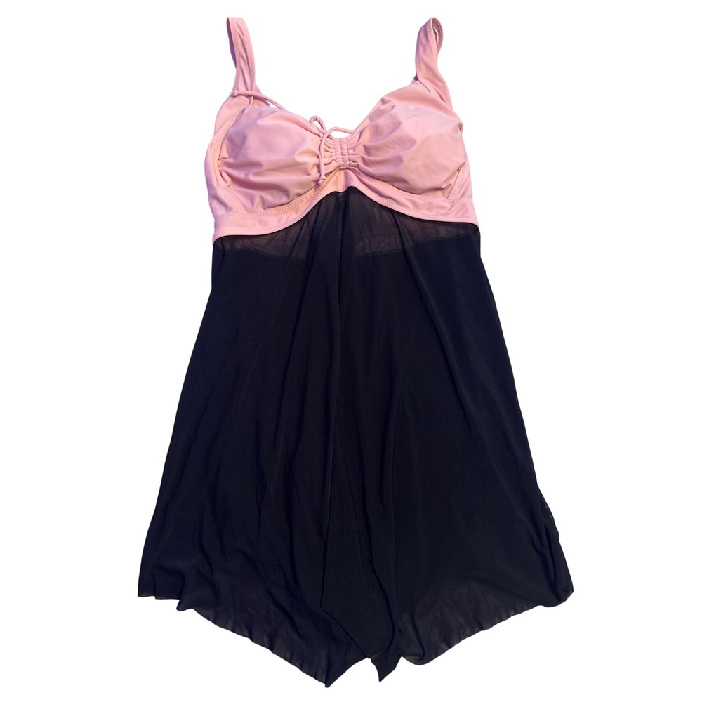 Pink Black Mesh Colorblock Long Tankini Swim Top Plus Size 22W